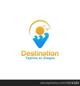 Pin or locator icon incorporated with palm tree and sun. Logo design related to tourism destination or travel agency