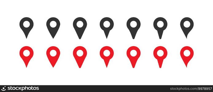 Pin set red and black icons. Map pointer GPS location flat icon. Vector isolated illustration 