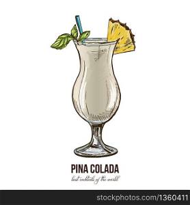 Pina colada cocktail, vector illustration, colored hand drawn sketch
