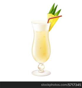Pina colada realistic cocktail in glass with pineapple slice and drinking straw isolated on white background vector illustration