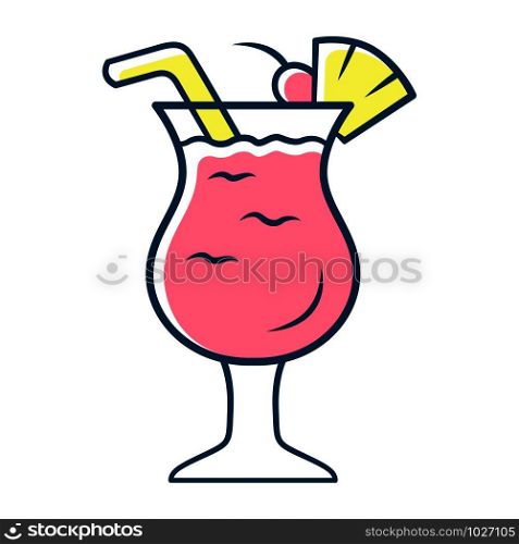 Pina colada red color icon. Footed glass with drink, slice of fruit and straw. Refreshing alcohol beverage. Sweet mix with rum and pineapple juice. Isolated vector illustration
