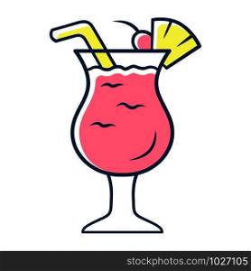 Pina colada red color icon. Footed glass with drink, slice of fruit and straw. Refreshing alcohol beverage. Sweet mix with rum and pineapple juice. Isolated vector illustration
