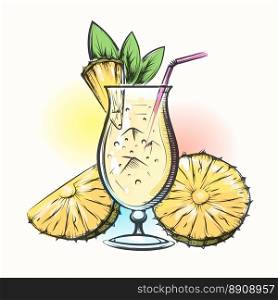 Pina colada tropical cocktail. Pina colada tropical pineapple and coconut cocktail. Vector illustration in watercolor style