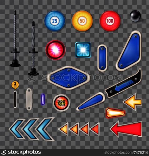 Pinball machine parts realistic collection with steel ball plunger flashing lights traps isolated transparent background vector illustration