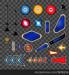 Pinball machine parts realistic collection with steel ball plunger flashing lights traps isolated transparent background vector illustration