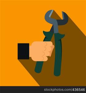 Pincer or plier in man hand icon. Flat illustration of pincer or plier in man hand vector icon for web on yellow background. Pincer or plier in man hand icon, flat style