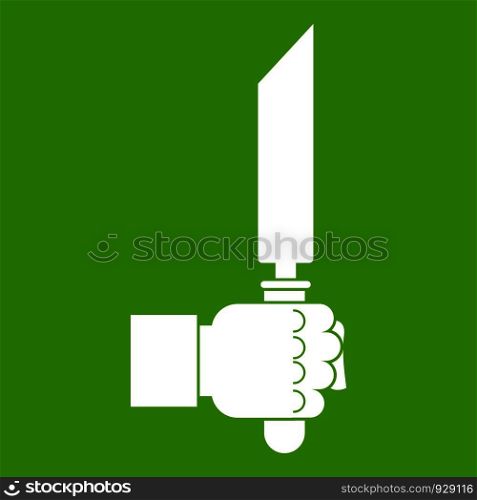 Pincer or plier in man hand icon white isolated on green background. Vector illustration. Pincer or plier in man hand icon green