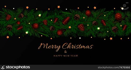Pine and fir tree background with Christmas and New year symbols flat vector illustration