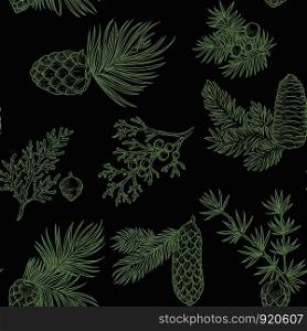 Pine branches of trees and cones seamless pattern isolated on white background vector. Evergreen natural plants and shrubs, twigs with needles, Christmas symbolic vegetation, spruce and fir. Pine branches of trees and cones seamless pattern isolated on white background vector.
