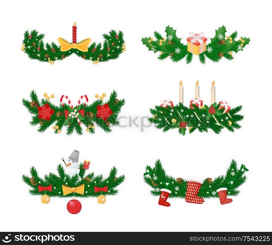 Pine branches with candle and socks, baubles toys vector. Bows and ribbons, snowman winter character with carrot nose, decorations of spruce tree. Pine Branches with Candle and Socks, Baubles Toys
