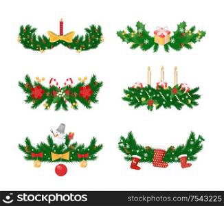 Pine branches with candle and socks, baubles toys vector. Bows and ribbons, snowman winter character with carrot nose, decorations of spruce tree. Pine Branches with Candle and Socks, Baubles Toys
