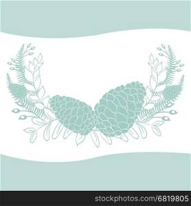 Pine cones set. Frame wreath. Larch branches with cones. Invitation card. Wedding invitation. Greeting card. Pine decorative elements for your design. Vector illustration.