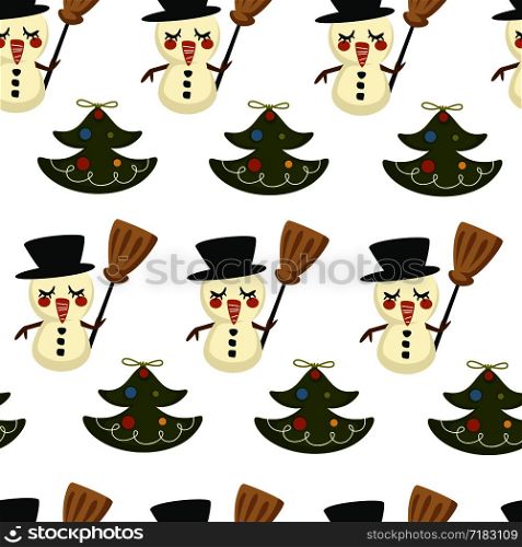 Pine evergreen tree decorated with garlands and wreath vector. Fir and santa claus, snowman and circles of plants faced characters seamless pattern isolated on white background. Christmas holiday. Pine evergreen tree decorated with garlands and wreath vector.