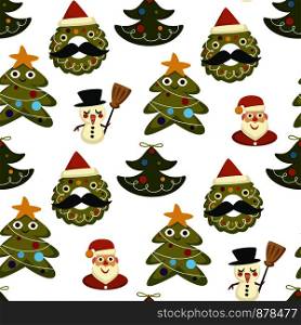Pine evergreen tree decorated with garlands and wreath vector. Fir and santa claus, snowman and circles of plants faced characters seamless pattern isolated on white background. Christmas holiday. Pine evergreen tree decorated with garlands and wreath