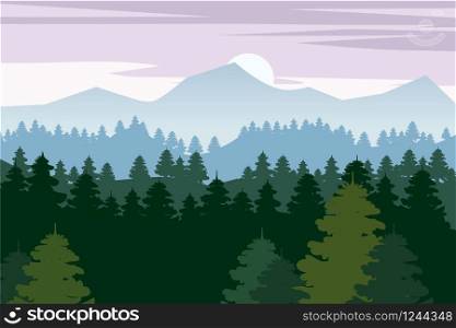 Pine forest and mountains vector backgrounds. Panorama taiga silhouette illustration. Pine forest and mountains vector backgrounds. Panorama landscape spruce silhouette illustration, vector, isolated