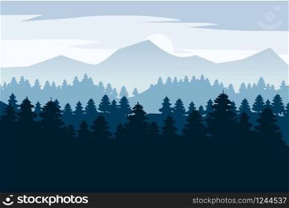 Pine forest and mountains vector backgrounds. Panorama taiga silhouette illustration. Pine forest and mountains vector backgrounds. Panorama landscape spruce silhouette illustration, vector, isolated