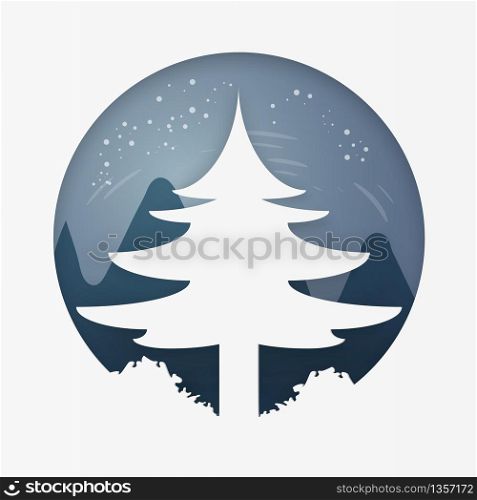 Pine on forest at winter. Merry Christmas and Happy New Year. paper art and craft style.