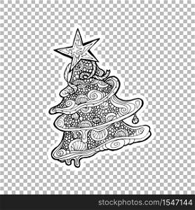 Pine or fir tree vector linear illustration. Winter hand drawn clipart. Black and white sticker on transparent background. Christmas, New Year decoration. Snowman coloring book isolated design element. Pine or fir tree ornate sticker illustration