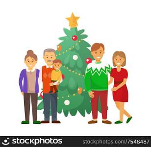 Pine tree and family Christmas holiday celebration vector. Mother and father, couple with grandparents holding grandchild on hands people at home. Pine Tree and Family Christmas Holiday Celebration