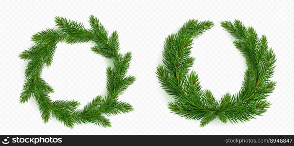 Pine tree branch round wreath, christmas garland set realistic vector illustration. Circle of fir twigs with green needles isolated on transparent background. Winter holiday evergreen decoration, spruce. Pine tree branch, round wreath christmas garland.