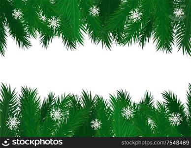Pine tree branches evergreen spruce with snowflakes decoration vector frame. Banner for text, twigs with needles, fir branchlet with ice ornaments natural. Pine Tree Branches Evergreen Spruce with Snowflake