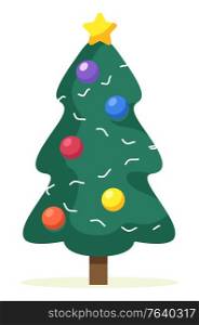 Pine tree decorated for Christmas celebration. Winter holidays and new year symbol. Fir with baubles and garlands. Spruce with decorative shining star on top. Wintertime events preparation vector. Christmas Tree with Baubles Garlands and Star