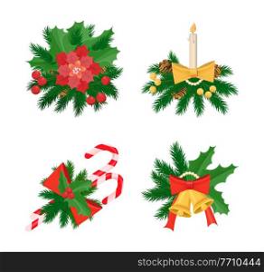 Pine tree in circle wreath celebration holiday vector. Candy lollipop stick and mistletoe bells decorated with ribbon bows and candle with fire flame. Pine Tree in Circle Wreath Celebration Holiday