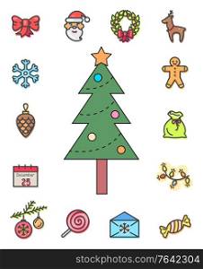 Pine tree with decoration on top of fir vector, isolated icons in flat style. Xmas outlines, santa claus and wreath, gingerbread man and deer symbol. Calendar and candy, cone and baubles toys. Christmas Icons Set, Pine Tree Decorated Vector