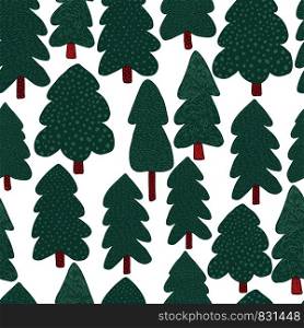 Pine trees seamless pattern. Doodle forest landscape background. Simple style. Design for fabric, textile print, wrapping paper, children textile. Vector illustration. Pine trees seamless pattern. Doodle forest landscape background.