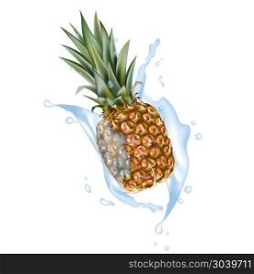 Pineapple 3d vector with realistic splash design elements. Packa. Pineapple 3d vector with realistic splash design elements. Packaging splashing falling ananas for juice, coffee, milk, water, cocktail, chocolate. Good for web design. EPS 10.