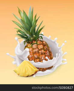 Pineapple and milk splash. Fruit and yogurt. Realistic illustration. 3d vector icon