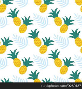 Pineapple and palm branch seamless pattern. Summer tropical background. Exotic fruit print for textile, packaging, paper and design, vector illustration. Pineapple and palm branch seamless pattern