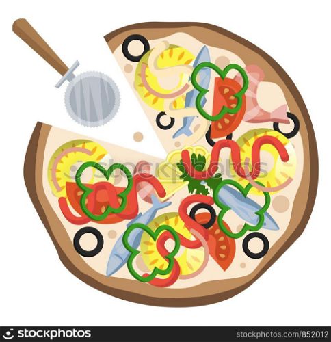 Pineapple and sardine pizza illustration vector on white background