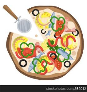 Pineapple and sardine pizza illustration vector on white background