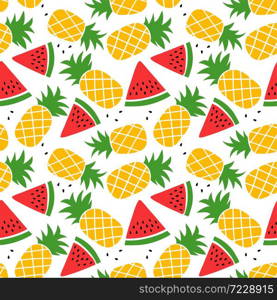 Pineapple and watermelon seamless pattern. Hand drawn vector sketch background. Color doodle wallpaper. Exotic tropical fruit. Fashion design. Food print for kitchen tablecloth