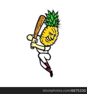 Pineapple Baseball Batting Mascot. Mascot icon illustration of a pineapple batting with baseball bat viewed from side on isolated background in retro style.. Pineapple Baseball Batting Mascot
