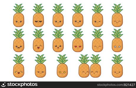 Pineapple cute kawaii mascot. Set kawaii food faces expressions smile emoticons.