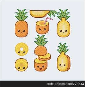 Pineapple cute kawaii mascot. Set of funny kawaii drawn fruit in the cut