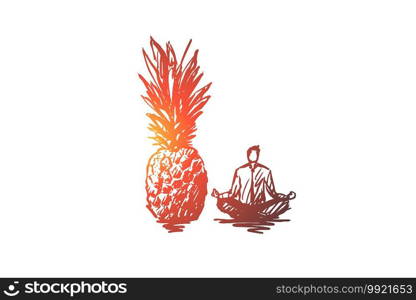 Pineapple, food, fruit, organic, vitamin concept. Hand drawn giant pineapple and man sitting in lotus pose concept sketch. Isolated vector illustration.. Pineapple, food, fruit, organic, vitamin concept. Hand drawn isolated vector.