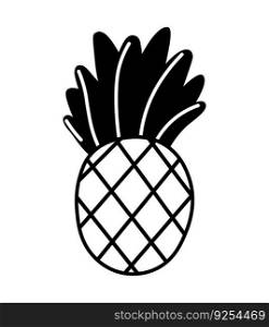 Pineapple fruit black icon isolated on white background. Doodle simple vector emblem, summer juicy tropical food. Juice package or logo design element.