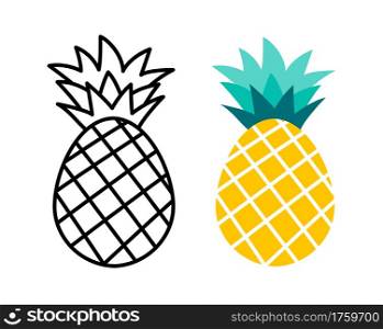 Pineapple fruit flat and outline design. Summer tropical fruits for healthy lifestyle.