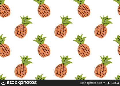 Pineapple fruit. Seamless pattern. Hand drawn vector illustration. Sweet exotic food.