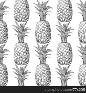 Pineapple fruit sketch seamless pattern. Exotic tropical fruit backdrop. Engraving style wallpaper. Hand drawn vector illustration isolated on white background.. Pineapple fruit sketch seamless pattern. Exotic tropical fruit backdrop.