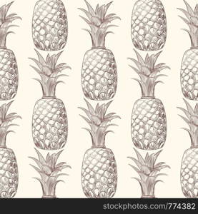 Pineapple fruit sketch seamless pattern. Exotic tropical fruit backdrop. Engraving style wallpaper. Hand drawn vector illustration