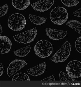 Pineapple fruit slices sketch seamless pattern. Exotic tropical fruit backdrop. Engraving style wallpaper. Hand drawn vector illustration on black background.. Pineapple fruit slices sketch seamless pattern. Exotic tropical fruit backdrop.
