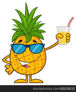 Pineapple Fruit With Green Leafs And Sunglasses Cartoon Mascot Character Holding Up A Glass Of Juice. Illustration Isolated On White Background