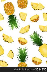 Pineapple fruits and slice seamless pattern on white background. Summer background. Ananas fruits vector illustration.
