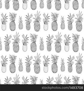 Pineapple hand drawn seamless pattern. Doodle fruit background. Summer tropical design for fabric, wallpaper, packaging, vacation textile print. Vector illustration. Pineapple hand drawn seamless pattern. Fruit background. Tropical design for vacation textile print. Vector illustration
