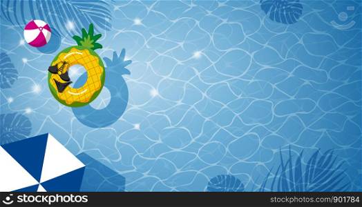 Pineapple inflatable in swimming pool with shadow tropical leaves vacation summer vector illustration