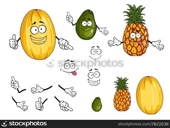 Pineapple, lime and melon fruits in cartoon style for bio food design